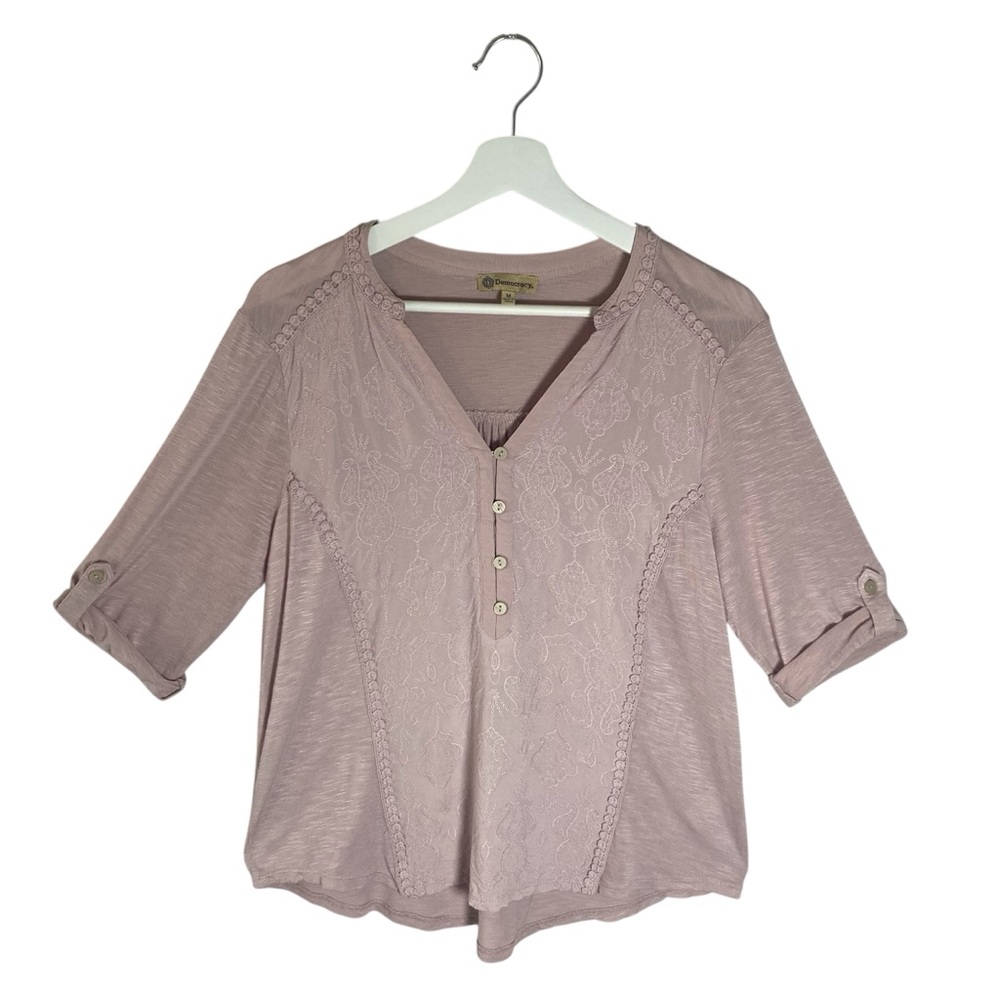 Democracy Pink Embroidered Blouse Size M Women's Minimalist Casual Boho